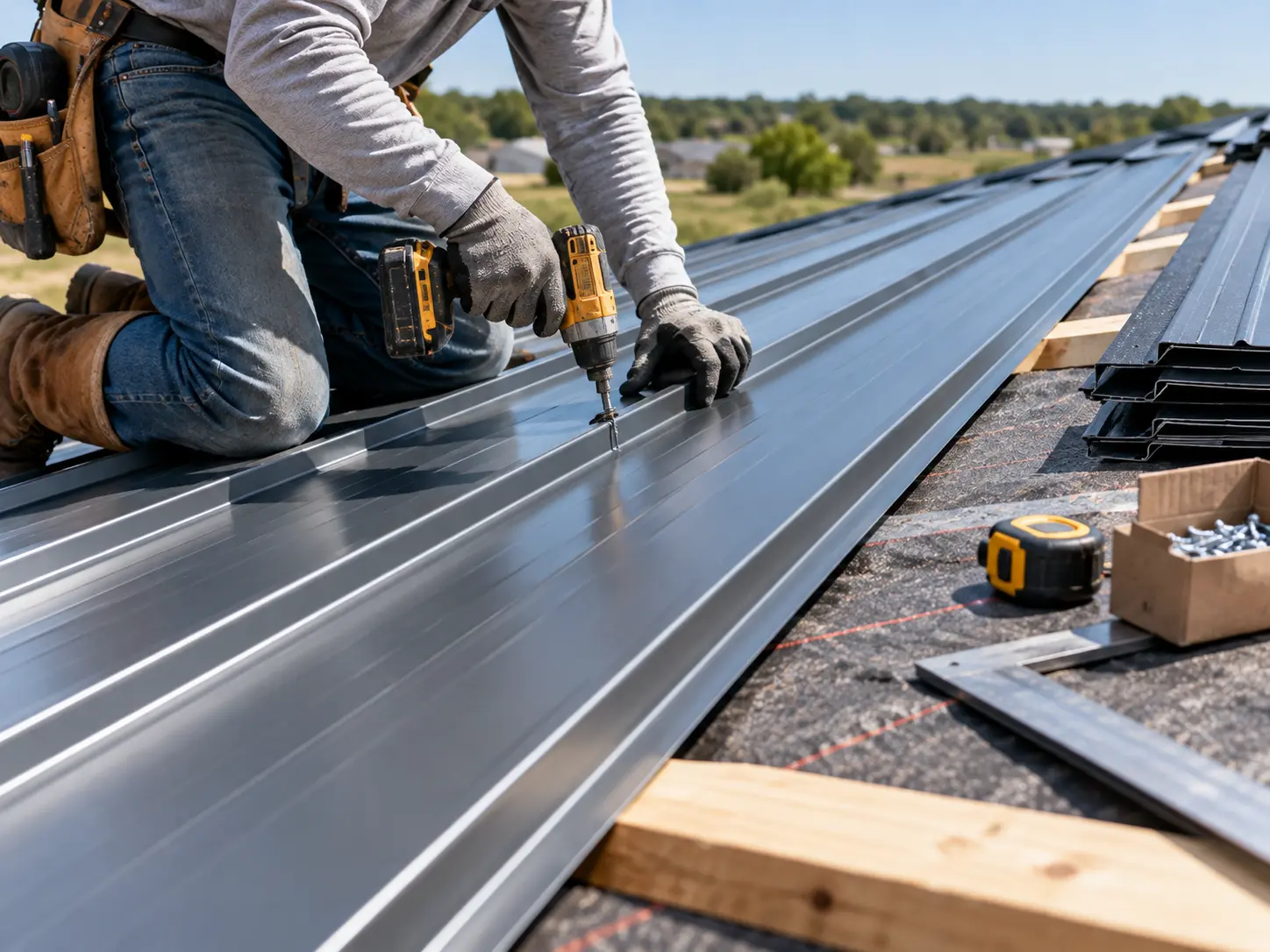 Roofer installing metal roofing panels