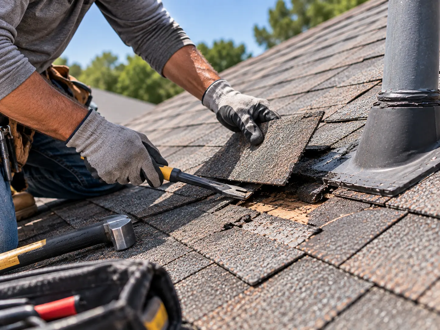 Roofer repairing damaged asphalt shingles