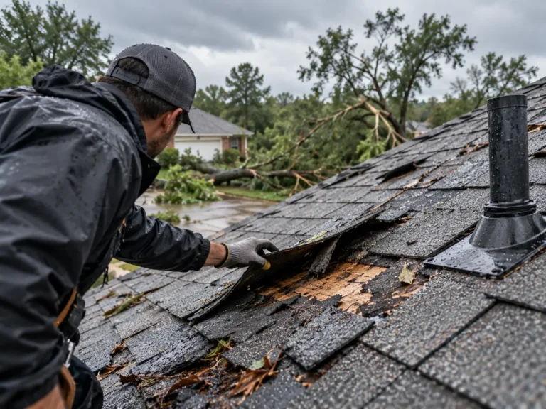Roofer inspecting torn asphalt shingles and exposed decking after a storm