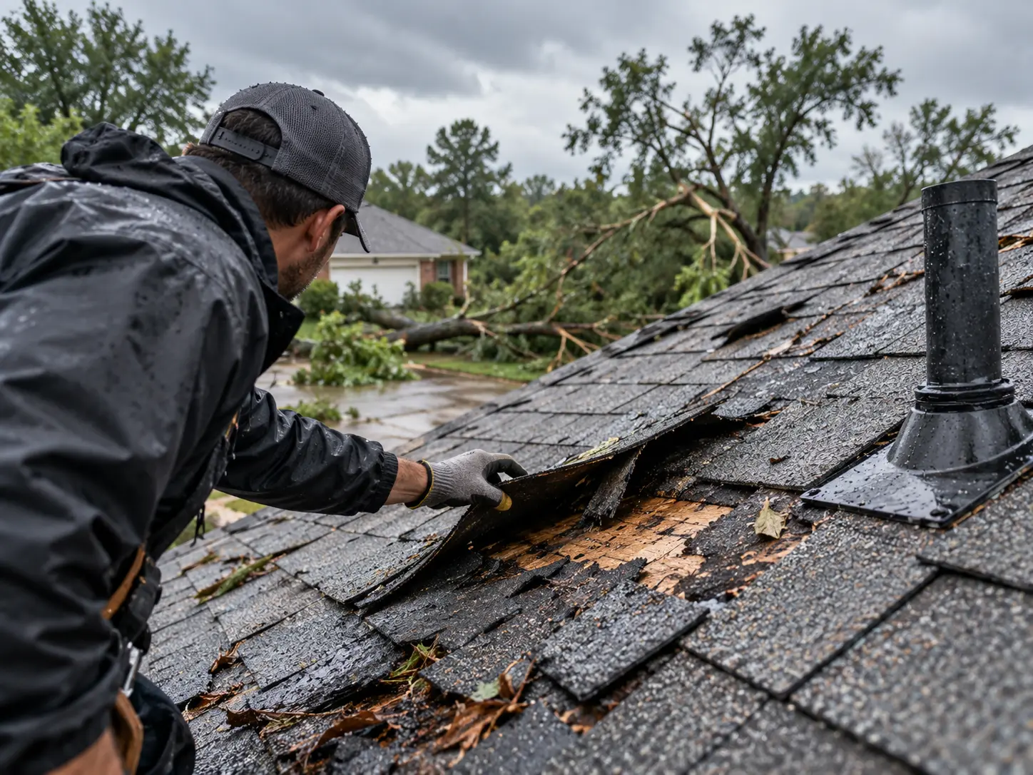 Storm-damaged asphalt shingles being inspected