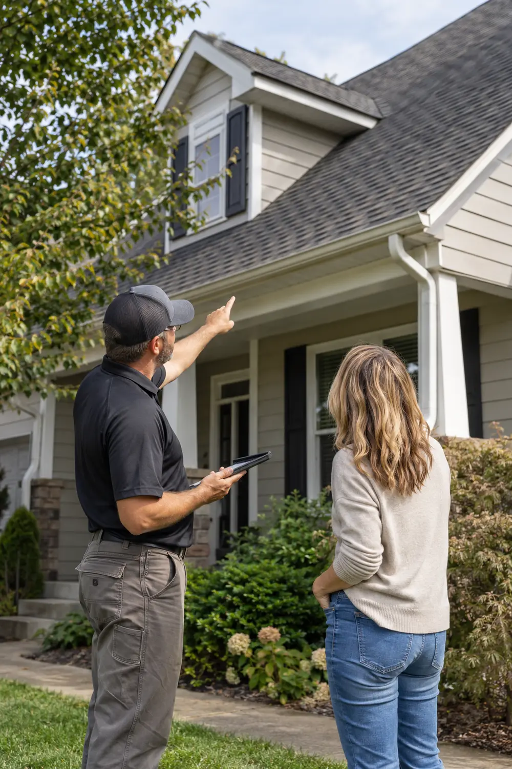 Roofing professional discussing a roof inspection with a homeowner